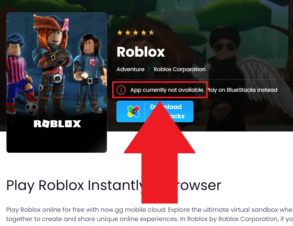 Now.gg website showing the "App currently not available" notification when trying to play Roblox in browser