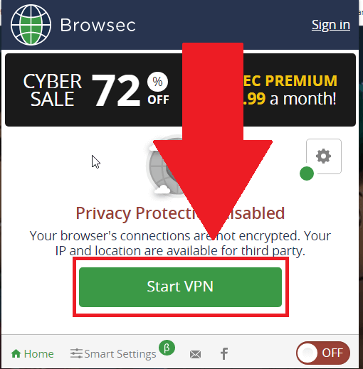 Browsec VPN interface showing the "Start VPN" button highlighted