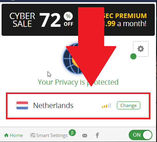 Browsec VPN interface showing the "Netherlands - change" server tab highlighted in red