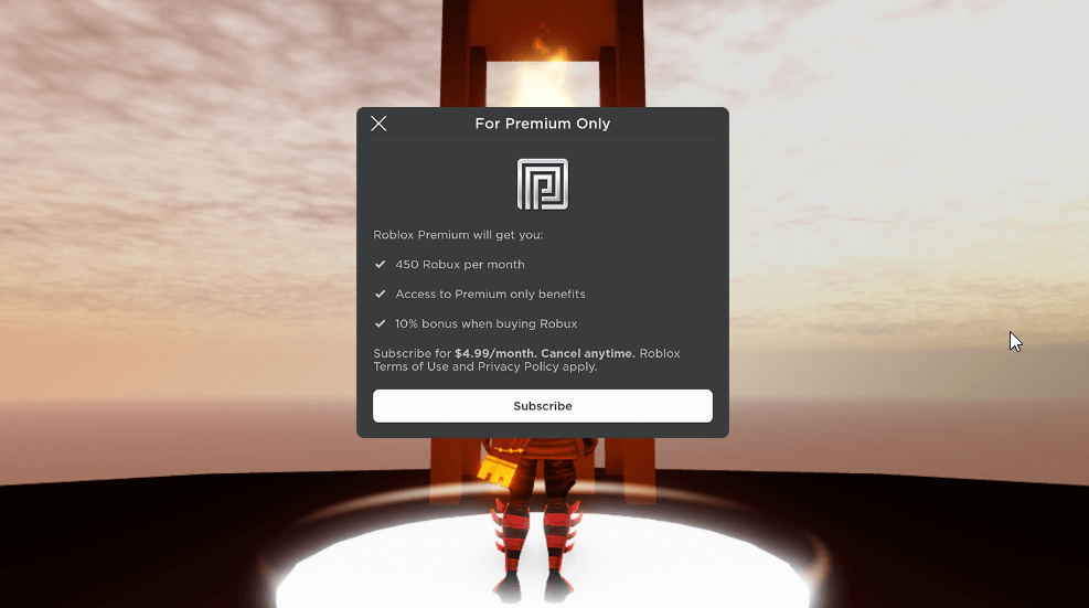 Roblox in-game notification showing the benefits you get from Premium