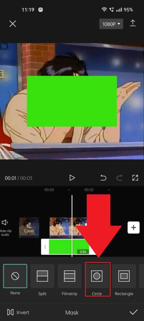 CapCut "Mask" editing screen where the "Circle" option is highlighted in red