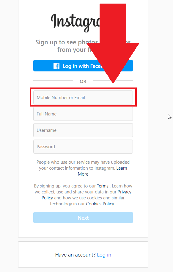 Instagram account creation page showing the "Mobile number or Email" field highlighted in red