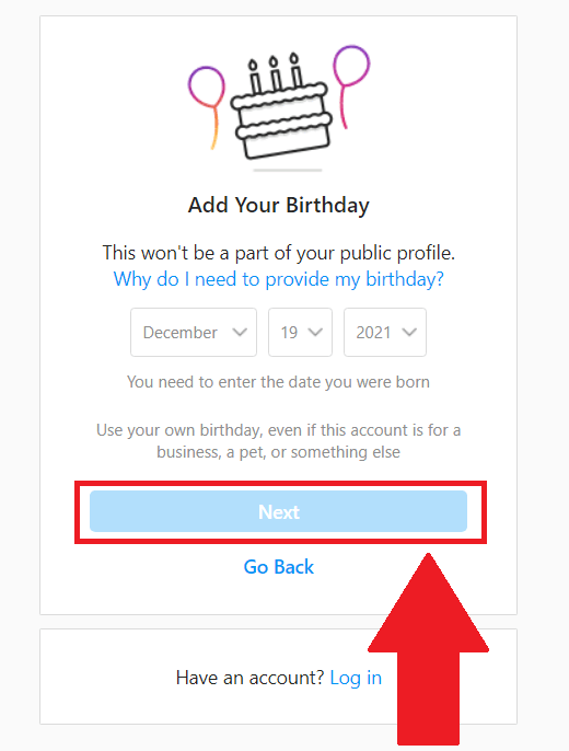 Instagram birthdate selection screen where the "Next" button is selected
