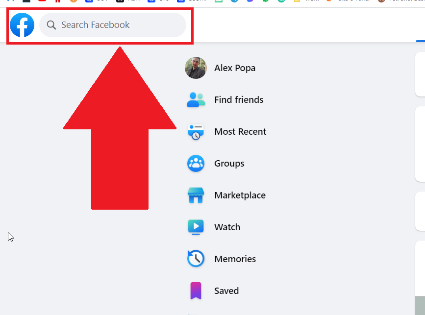 Facebook website on a computer showing the search box in the top-left corner highlighted in red