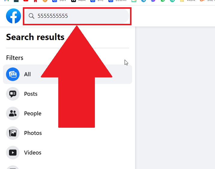 Facebook webpage showing the search box filled with a phone number