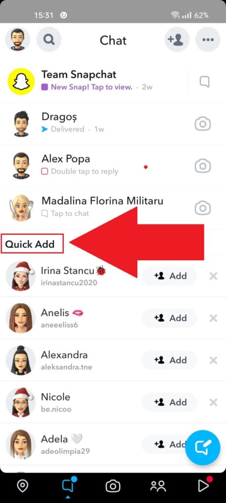 Snapchat "Chats" page showing the "Quick Add" menu highlighted in red