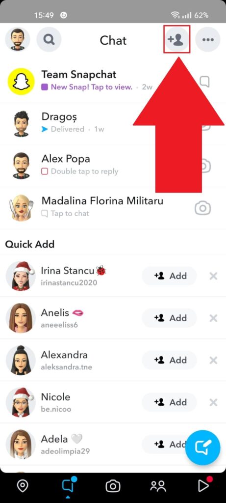 Snapchat "Chats" page where the "Add Friends" icon is highlighted in the top-right corner