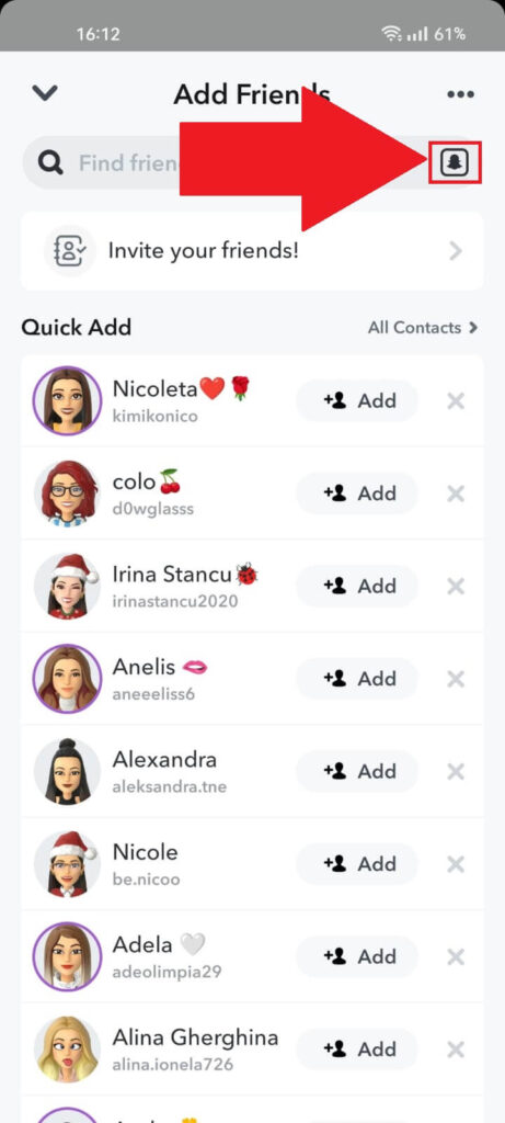 Snapchat "Add Friends" page where the "Snapcode" icon is highlighted in red