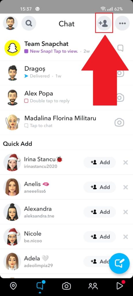 Snapchat "Chats" page showing the "Add Friend" icon highlighted in the top-right corner