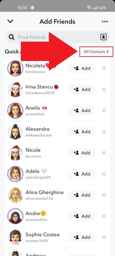 Snapchat "Add Friends" page showing the "All Contacts" button highlighted in red