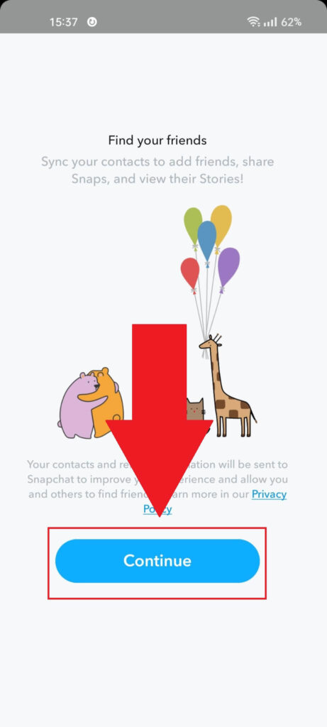 Snapchat "Find Your Friends" page showing the "Continue" button highlighted in red