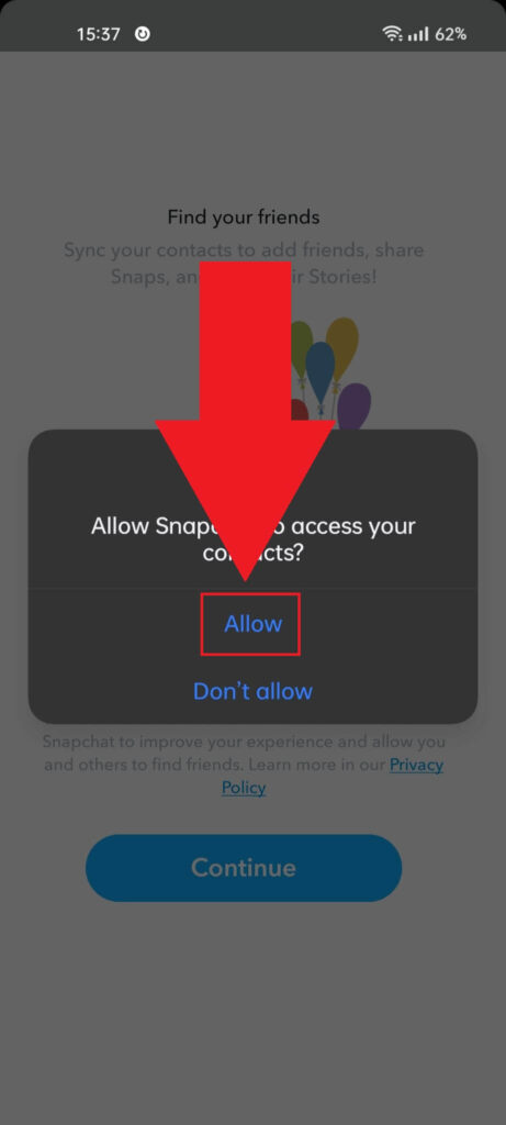 Snapchat "Find Your Friends" page showing the phone "Permissions" window asking you to "Allow Snapchat access to your contacts", with the "Allow" option highlighted