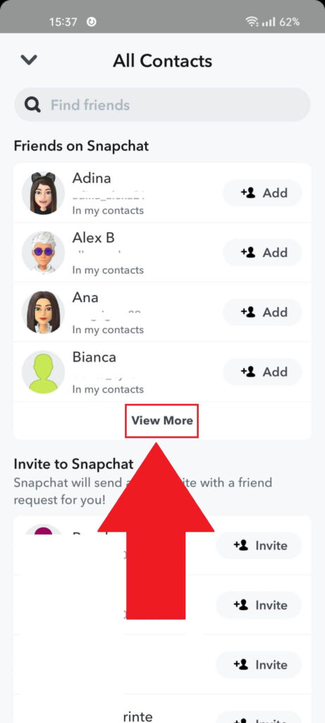 Snapchat "All Contacts" page showing the "View More" button highlighted