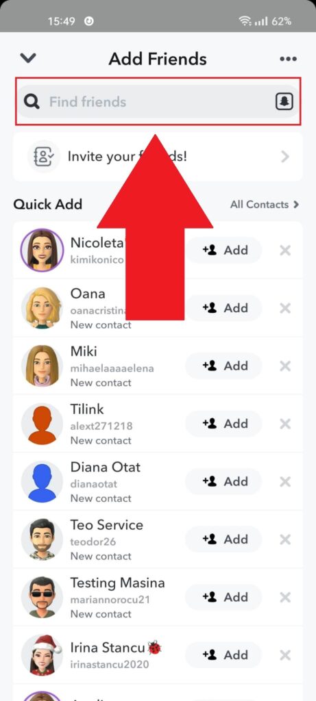 Snapchat "Add Friends" page showing the search bar highlighted in red