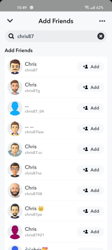 Snapchat "Add Friends" page showing multiple results based on a username search