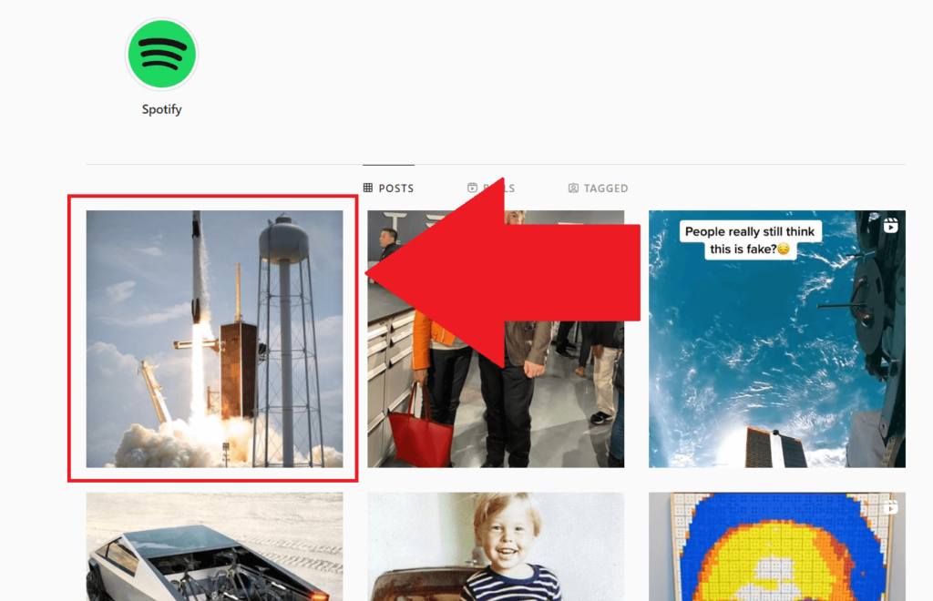 Instagram "Posts" page showing one of the images highlighted in red