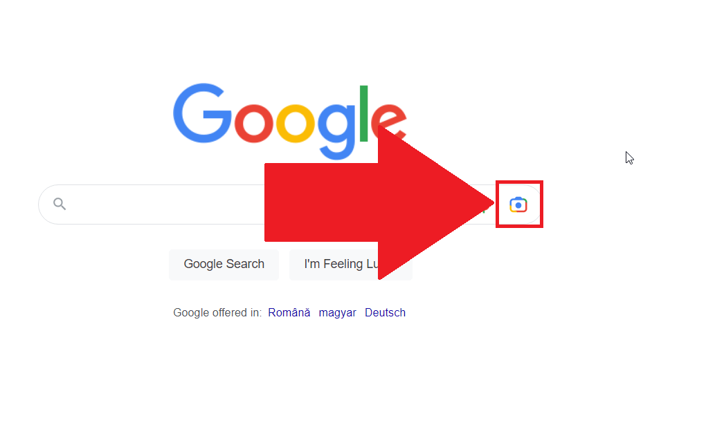 Google search engine page showing the Camera icon highlighted in red