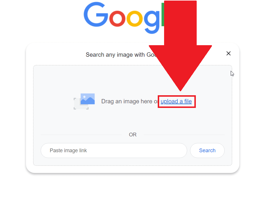 Google search engine page showing the "Upload a file" option highlighted