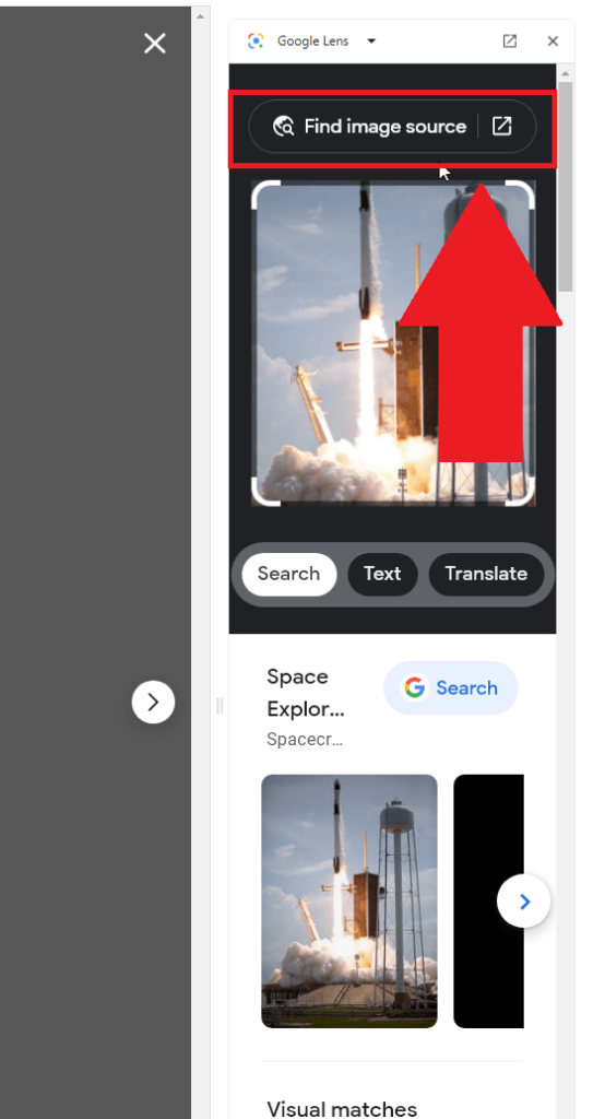 Google Lens menu showing the "Find image source" button highlighted in red