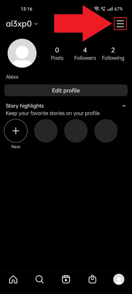 Instagram profile page showing the Hamburger icon highlighted in red