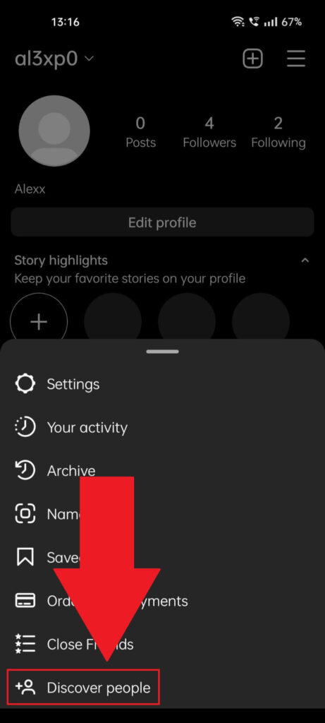 Instagram profile page showing the "Discover people" option highlighted in red at the bottom of the page