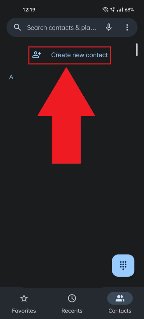 Android phone Contacts screen showing the "Create new contact" option highlighted in red