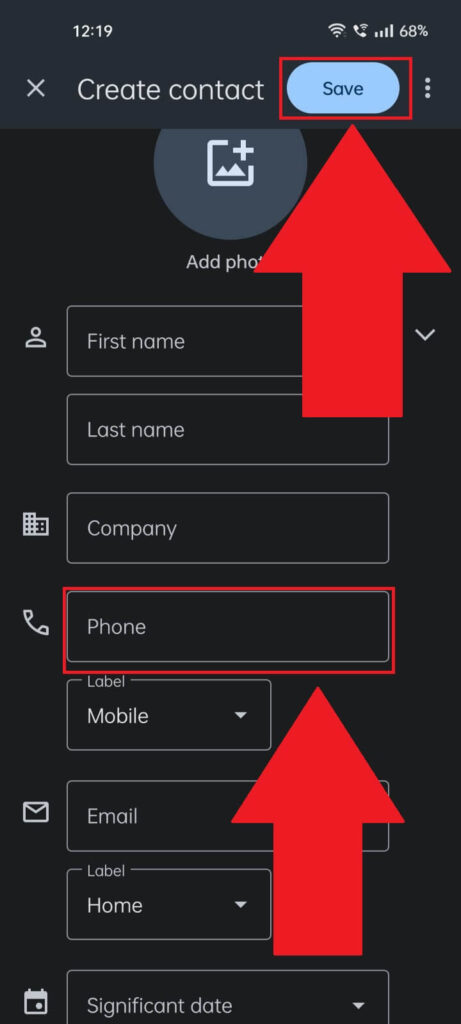 "Create contact" window where the "phone" field and the "Save" button are highlighted in red