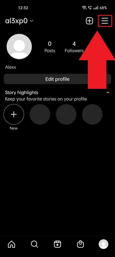 Instagram profile page showing the Hamburger (three-lines) icon highlighted in red