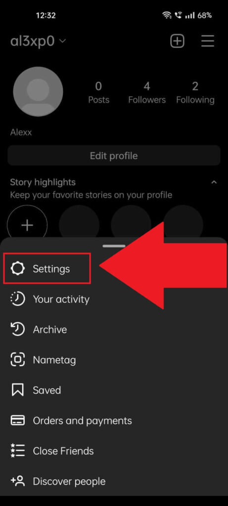 Instagram profile page showing the "Settings" option highlighted in red