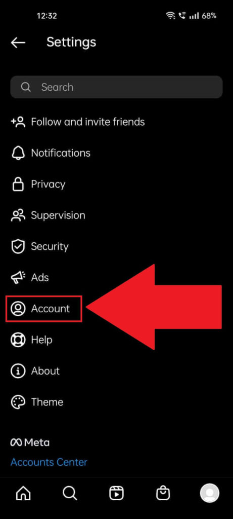 Instagram settings page where the "Account" option is highlighted in red