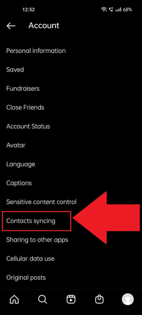 Instagram "Account" settings page where the "Contacts syncing" option is highlighted in red