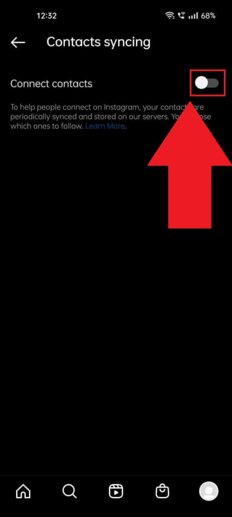 Instagram "Contacts syncing" settings page where the "Connect contacts" option is highlighted in red