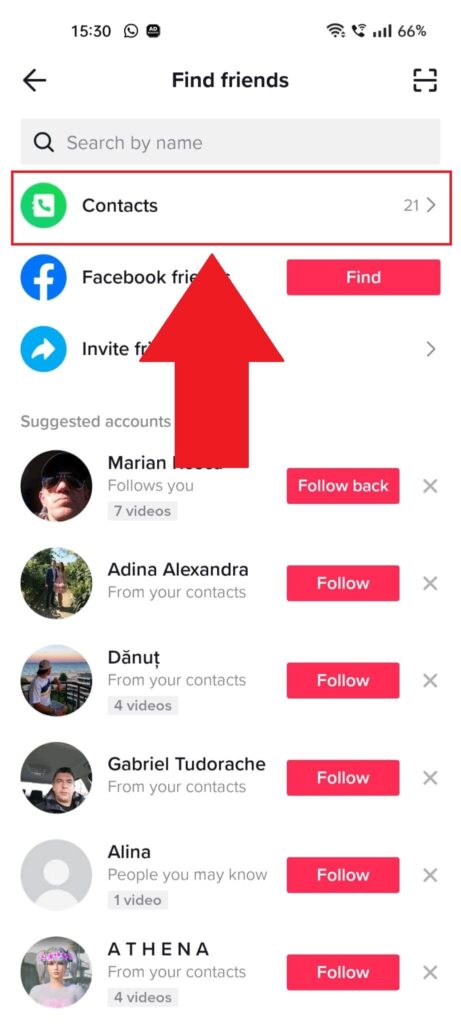 TikTok "Find Friends" page showing the "Contacts" option highlighted at the top of the page