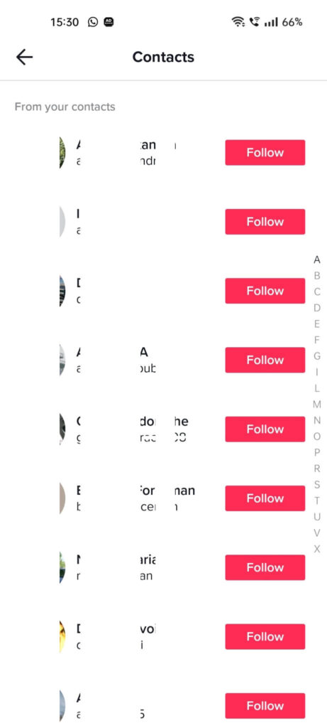TikTok "Contacts" list showing your phone contacts with their TikTok accounts