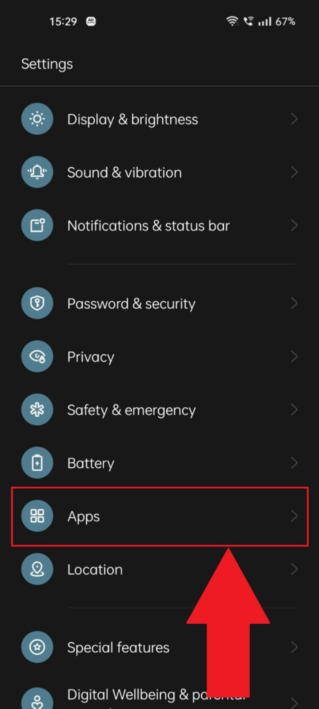 Android phone settings showing the "Apps" option highlighted in red