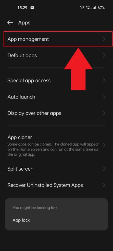 Android "Apps" settings page where the "App Management" option is highlighted in red