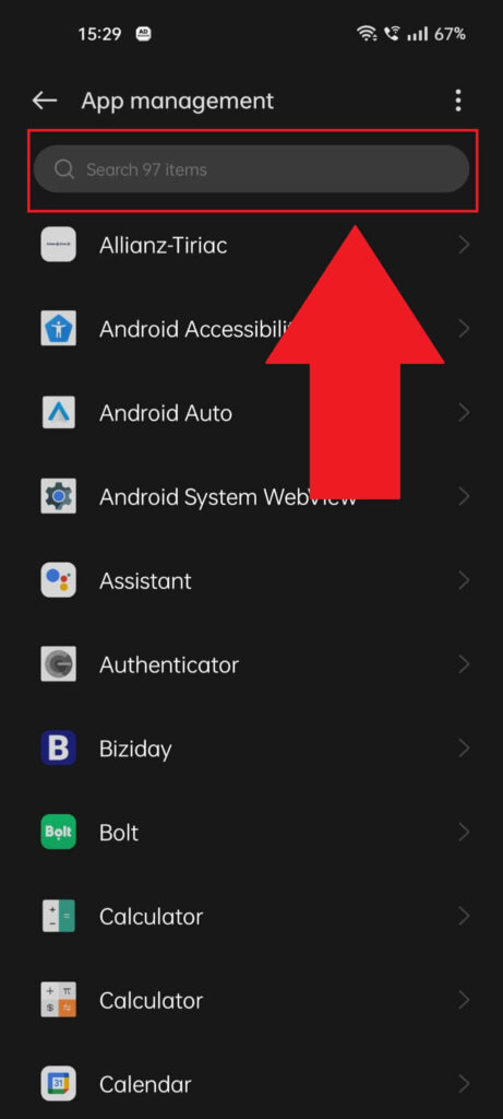 Android phone app list showing the search bar at the top of the page highlighted