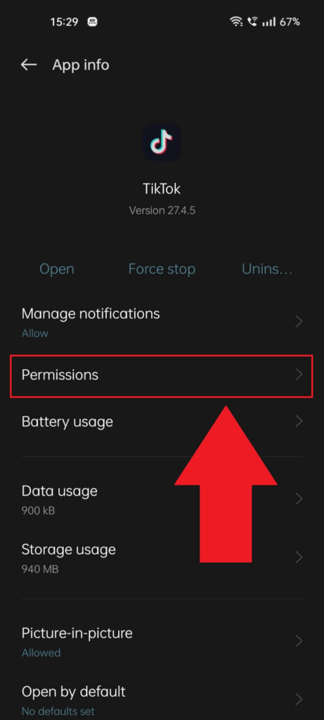 TikTok "App info" page showing the "Permissions" option highlighted in red