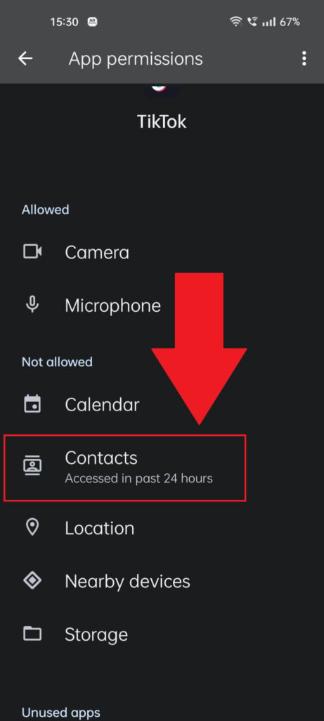 TikTok "App Permissions" tab showing the "Contacts" option highlighted in red