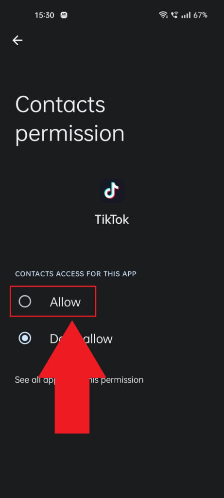 TikTok "Contacts permission" tab showing the "Allow" option highlighted in red