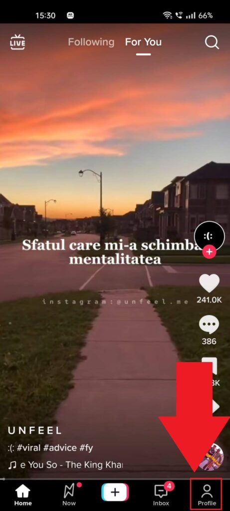 TikTok feed showing the "Profile" icon highlighted in the bottom-right corner