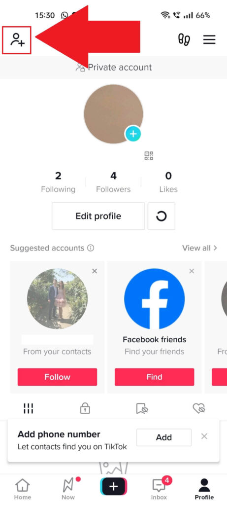 TikTok profile page where the "Add Friend" button is highlighted in the top-left corner of the page
