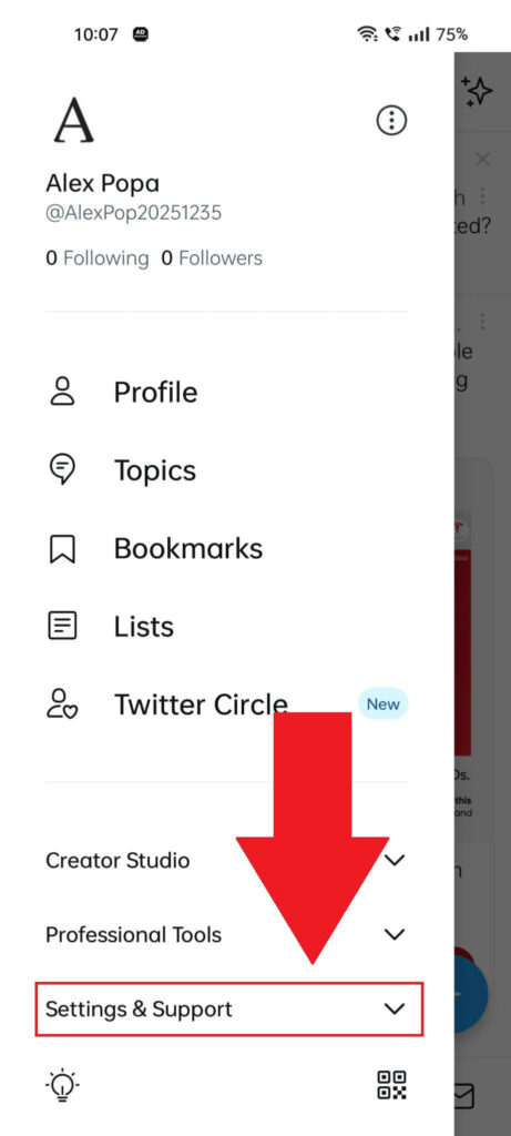 Twitter profile menu where the "Settings & Support" option is highlighted in red