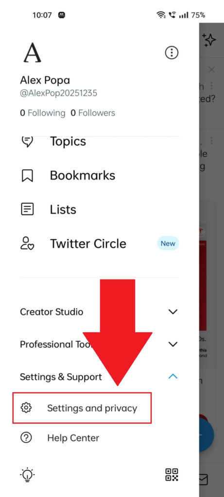 Twitter profile menu showing the "Settings and privacy" option highlighted in red