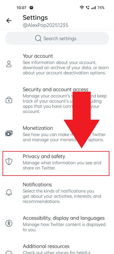 Twitter settings showing the "Privacy and safety" option highlighted in red