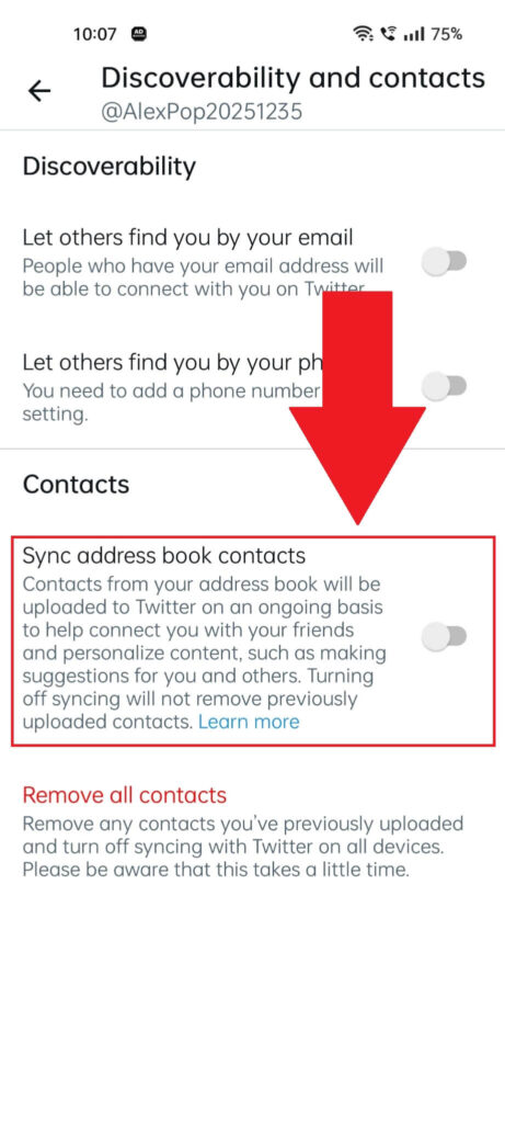 Twitter "Discoverability and contacts" page showing the "Sync address book contacts" option highlighted