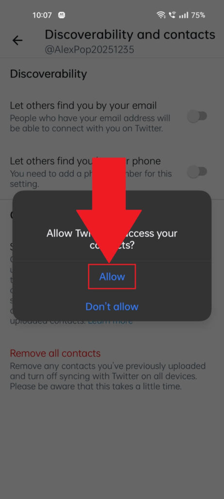 Twitter notification showing the "Allow" option highlighted