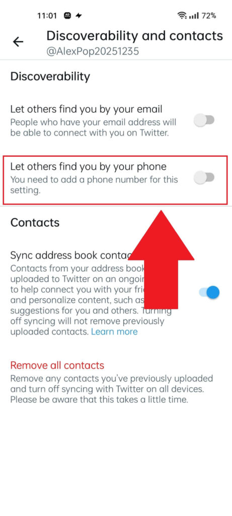 Twitter "Discoverability and contacts" page showing the "Let others find you by your phone" option highlighted
