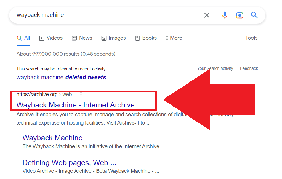 Google search results showing the "Wayback Machine" website highlighted in red
