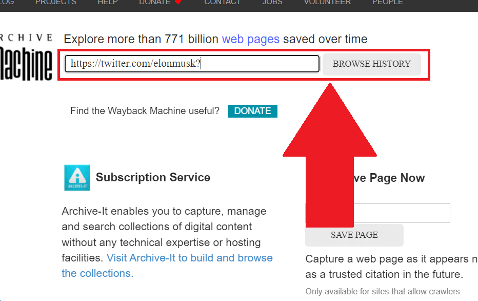 Wayback Machine showing a link in the search box and the "Browse History" button highlighted in red